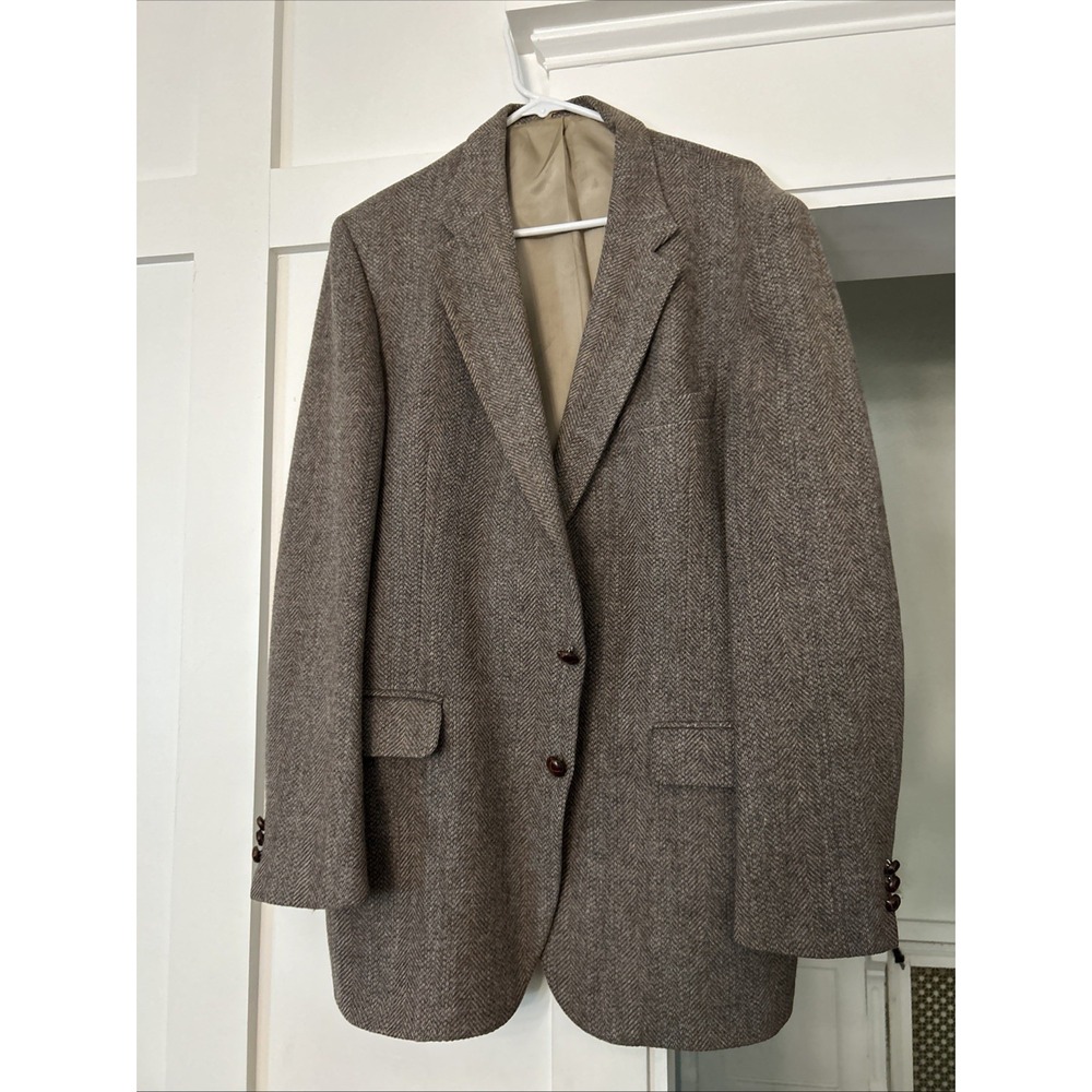 Vtg 80s Wool Tweed Sports Coat 44L Brown/Tan Herringbone Leatherette Buttons USA